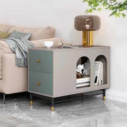 Modern side table with storage compartments in a living room setting
