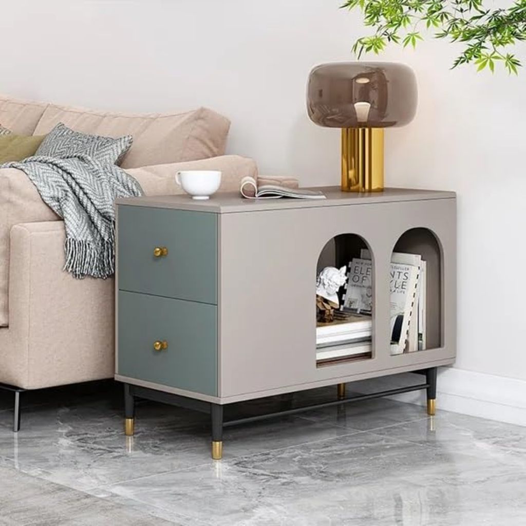 Modern side table with storage drawers in a living room setting.