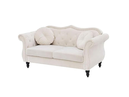 Beige sofa with decorative pillows on a white background