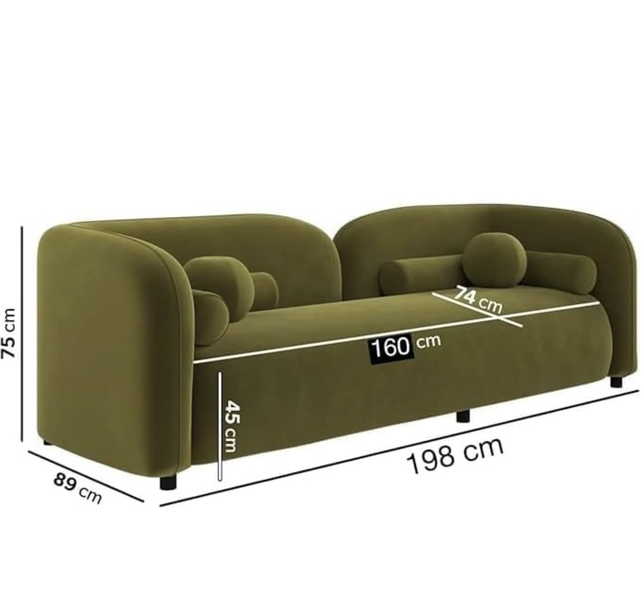 Green sofa with dimensions marked on a white background