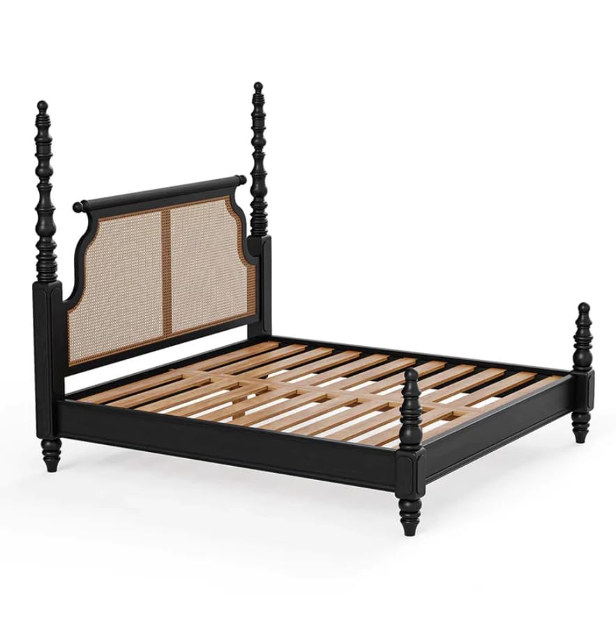Black wooden bed frame with slatted design on a white background