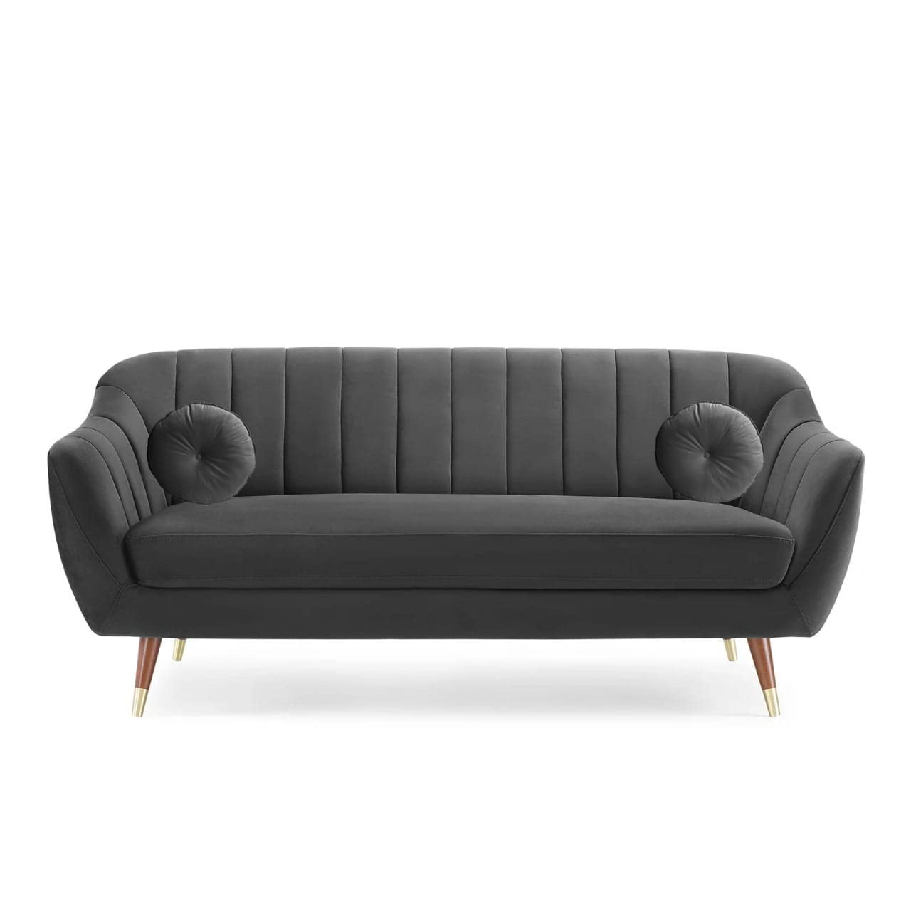 Gray sofa with tufted backrest and round armrests on a white background