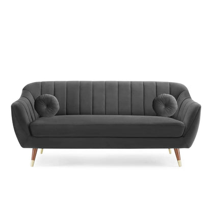Gray sofa with tufted backrest and round armrests on a white background
