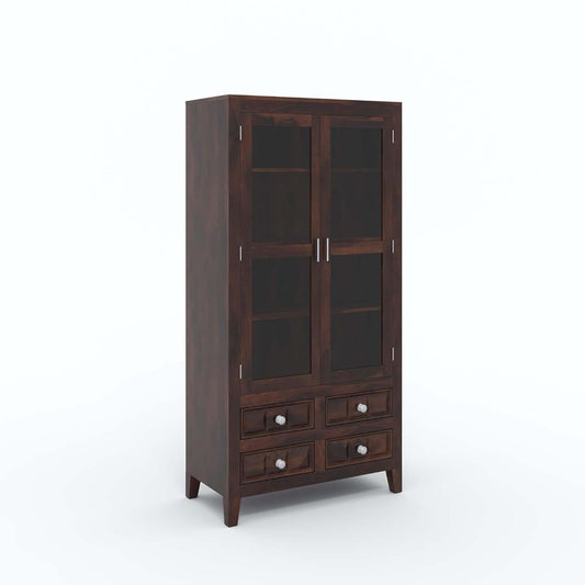 Solid Sheesham Wood Kitchen Cabinet – Crockery Storage Unit with 2 Glass Doors & 4 Drawers (Walnut Finish)