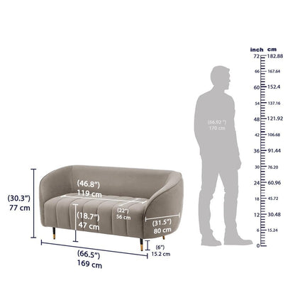 Gray sofa with dimensions labeled and a silhouette of a person for scale on a white background.
