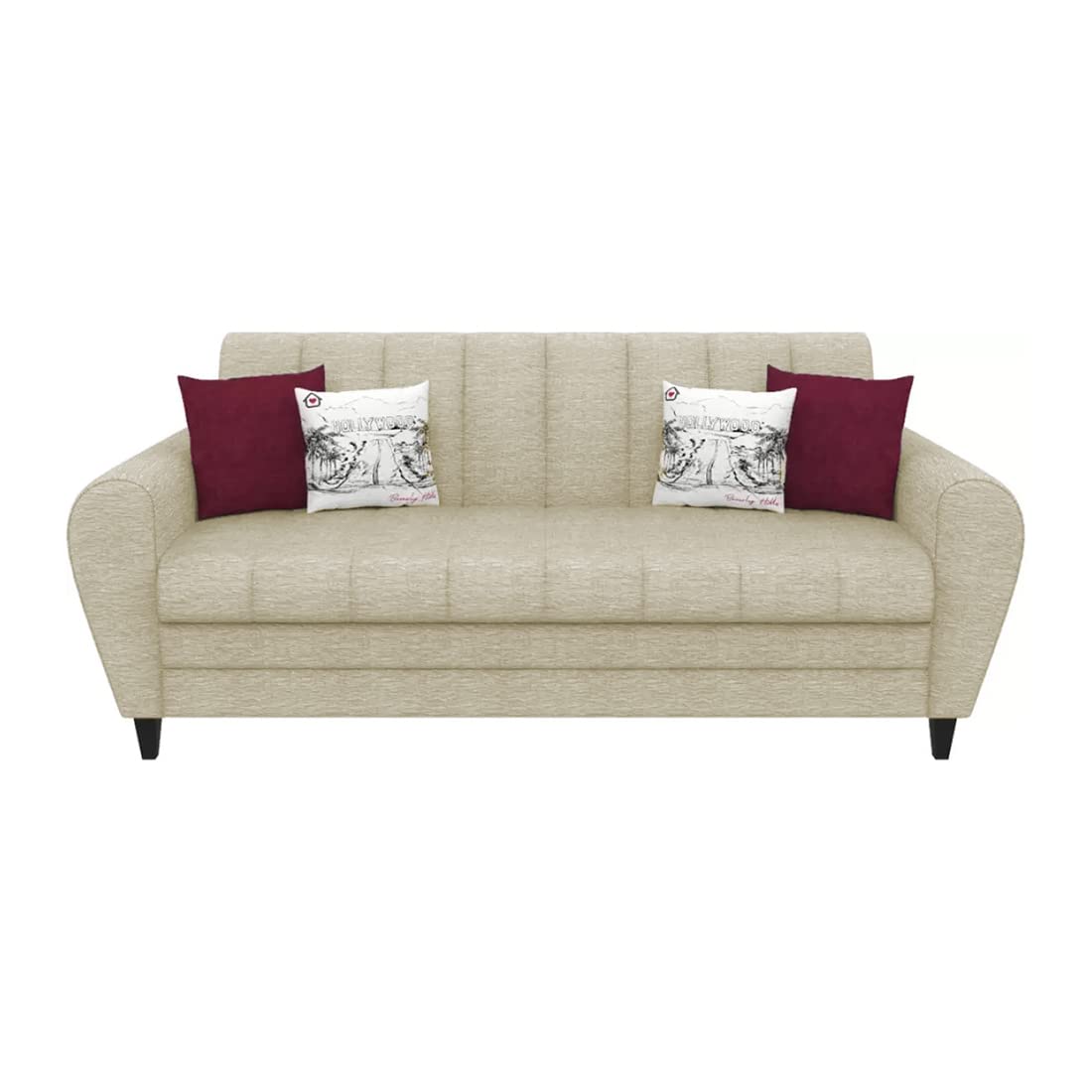 Beige sofa with two red pillows and two white pillows on a white background