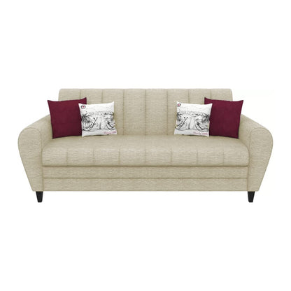 Beige sofa with two red pillows and two white pillows on a white background