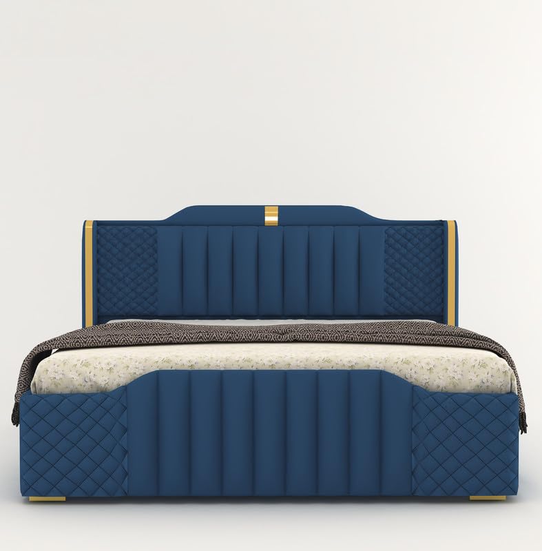 Modern King Size Upholstered Bed with Box Storage | Wooden Platform Double Bed with Premium Fabric Upholstery | 6.5 x 6 Ft Sheesham Wood Cot, Navy Blue