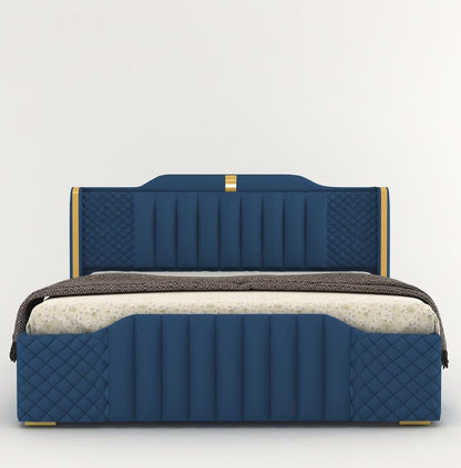 Modern King Size Upholstered Bed with Box Storage | Wooden Platform Double Bed with Premium Fabric Upholstery | 6.5 x 6 Ft Sheesham Wood Cot, Navy Blue