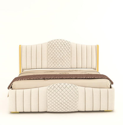 Decorative bed with quilted design on a white background