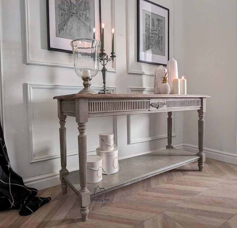 Rustic Grey Mango Wood Console Table – Hand-Carved Farmhouse Elegance (48x30x15")