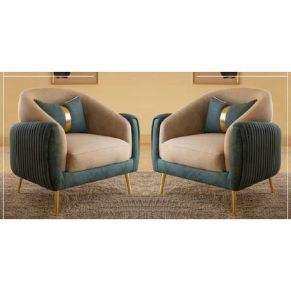 Two armchairs with beige and teal design on a neutral background