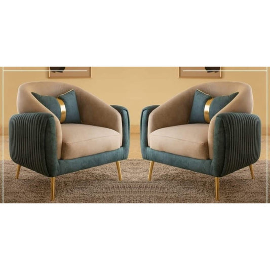 Two armchairs with beige and teal design on a neutral background