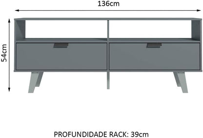 Gray TV stand with dimensions on a white background