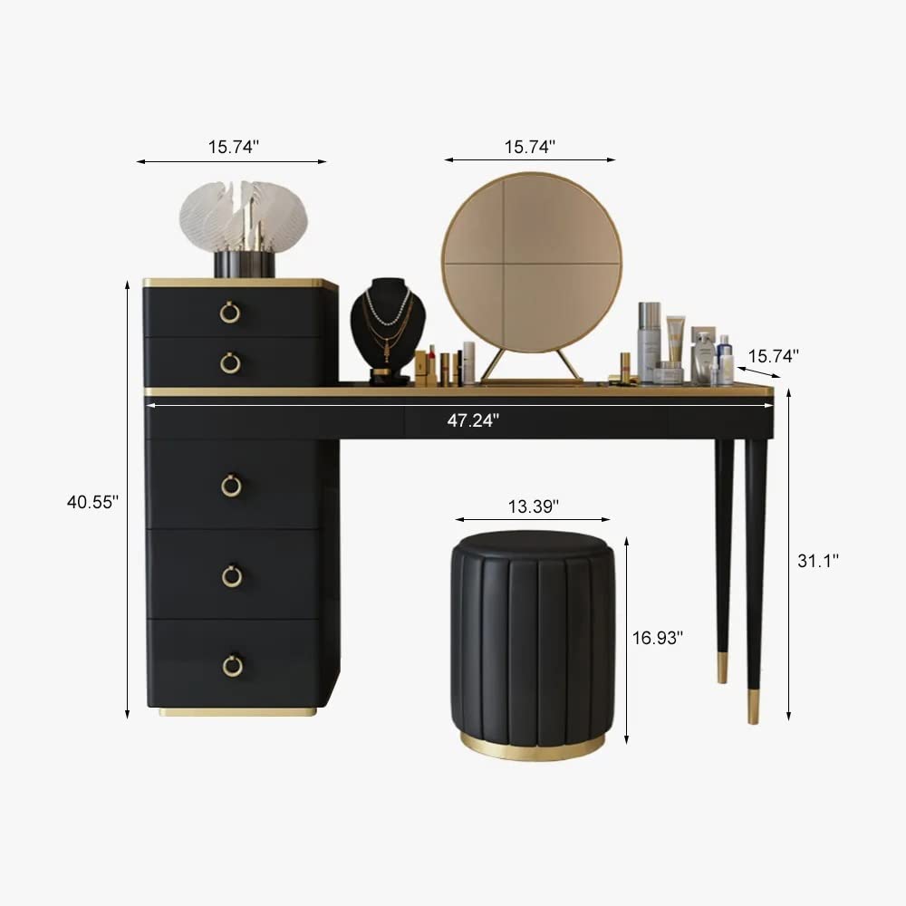 Black vanity table with dimensions labeled on a white background