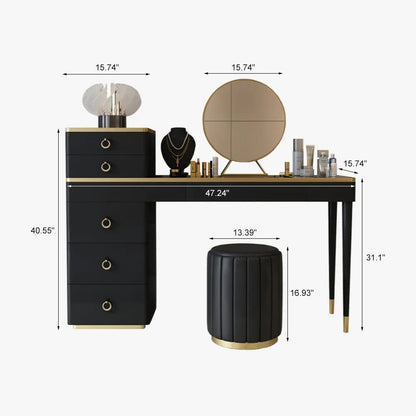 Black vanity table with dimensions labeled on a white background
