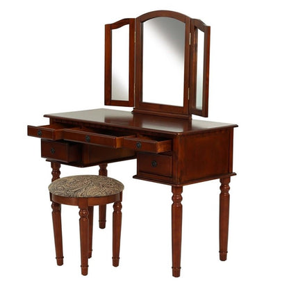 Wooden vanity table with mirror and stool on a white background