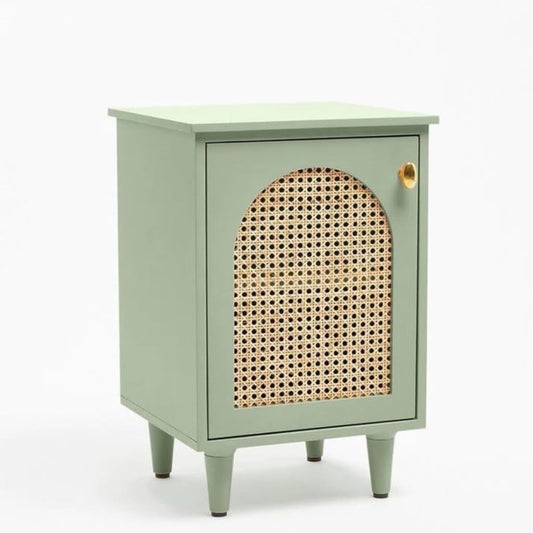 Green cabinet with wicker door on a white background