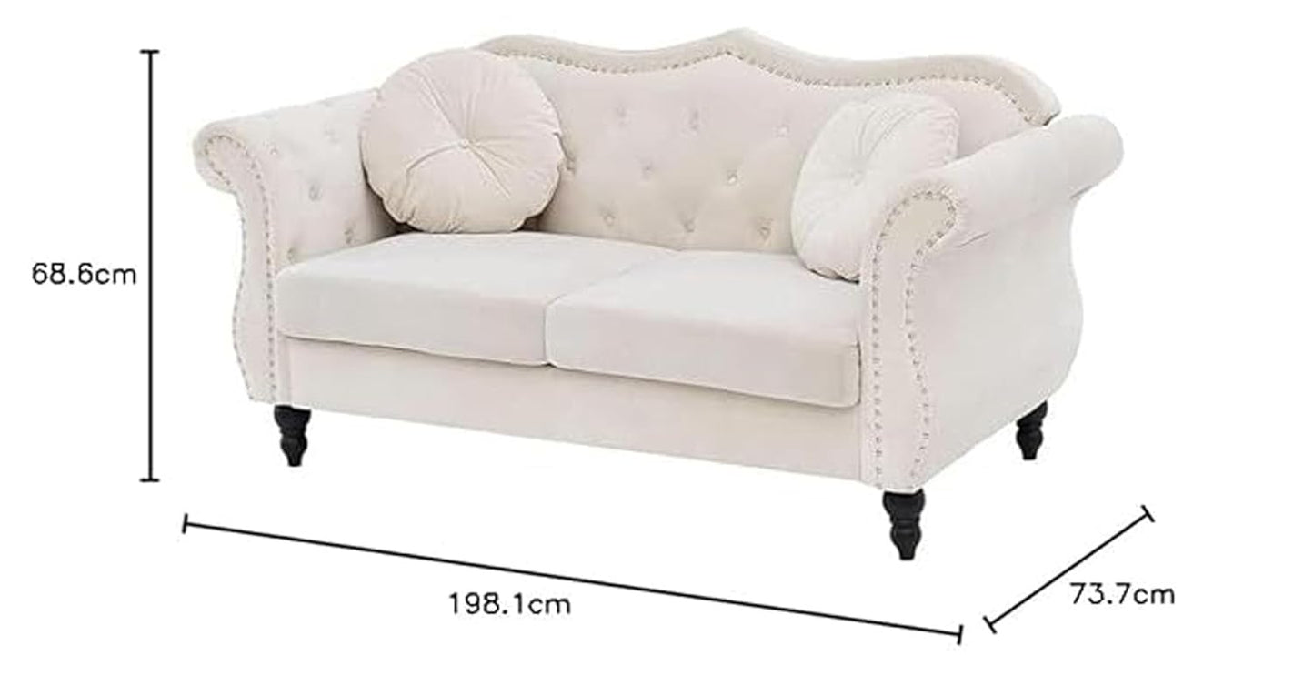 Beige sofa with dimensions labeled on a white background