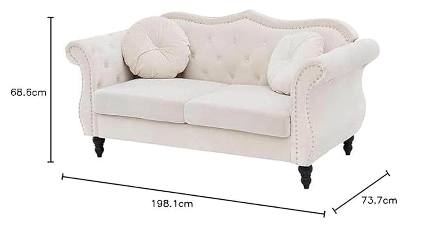 Beige sofa with dimensions labeled on a white background
