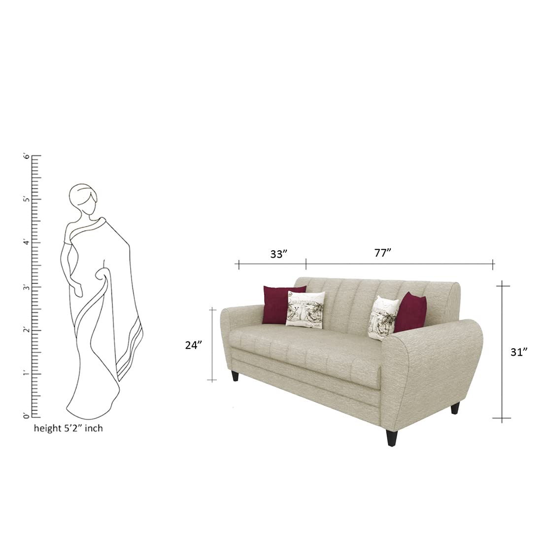 Beige sofa with dimensions and a person for scale on a white background