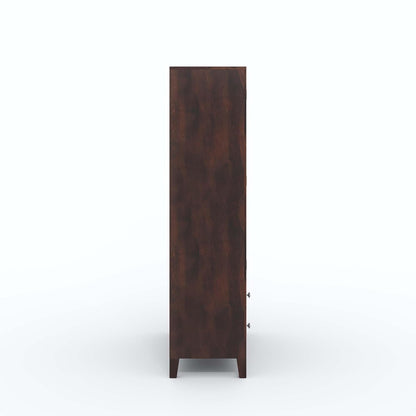 Solid Sheesham Wood Kitchen Cabinet – Crockery Storage Unit with 2 Glass Doors & 4 Drawers (Walnut Finish)