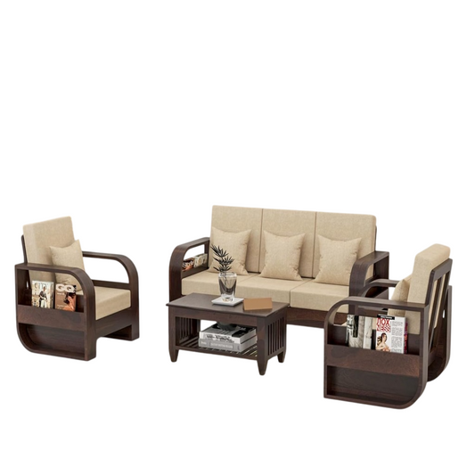 Sheesham Wood 5 Seater Sofa Set (3+1+1) – Light Walnut Finish | Wooden Living Room Sofa Set