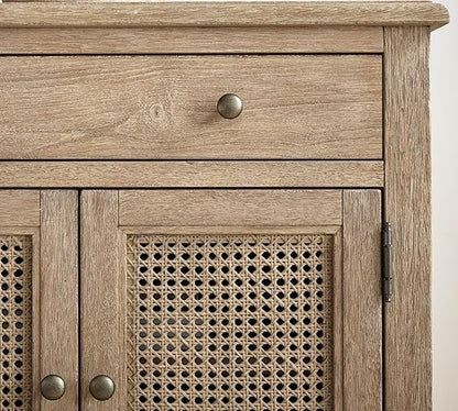 Wooden cabinet with a textured finish and metal knobs on a white background