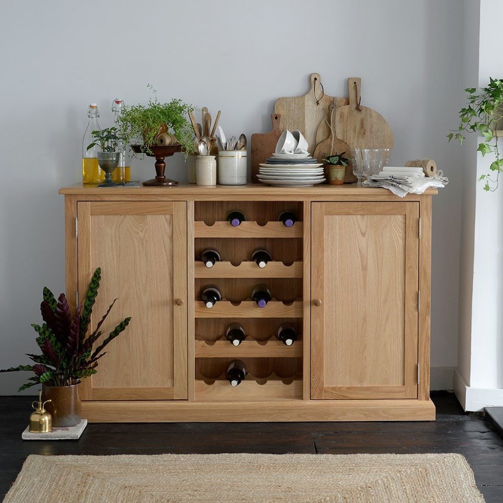 Wooden sideboard with wine storage in a kitchen setting