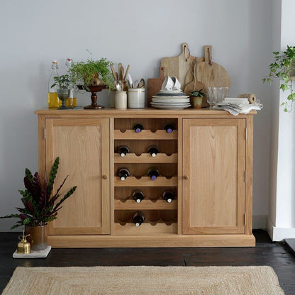 Wooden sideboard with wine storage in a kitchen setting