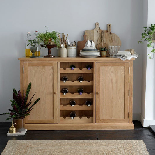 Wooden sideboard with wine storage in a kitchen setting