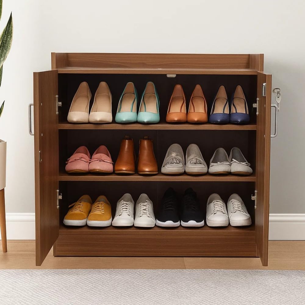 Premium Engineered Wood Shoe Rack with Door and Lock 3 Spacious Compartments for 20 to 25 Pairs