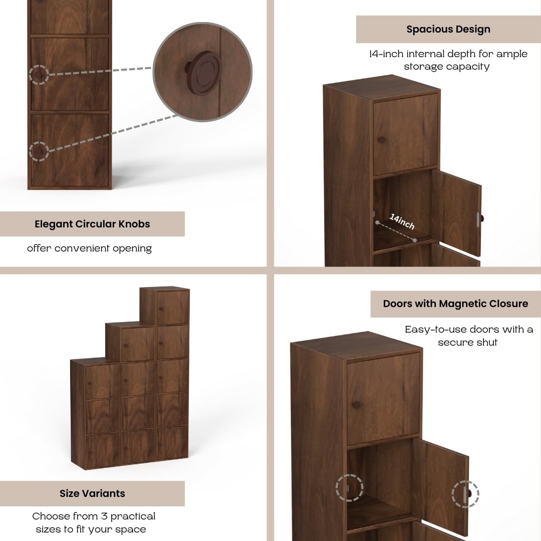 Wooden storage unit with features highlighted on a beige background