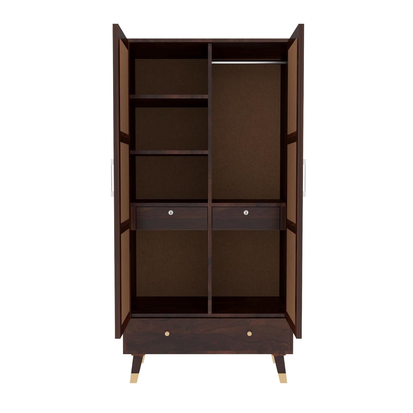 Wooden wardrobe with open doors on a white background