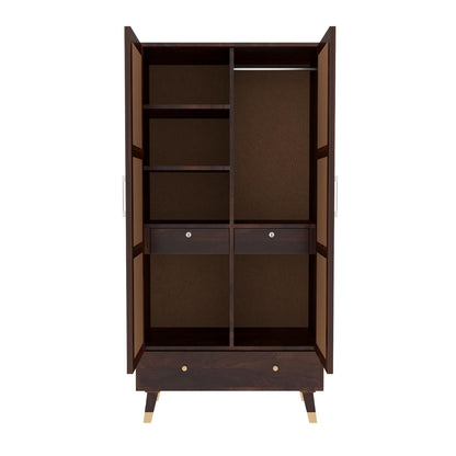 Wooden wardrobe with open doors on a white background