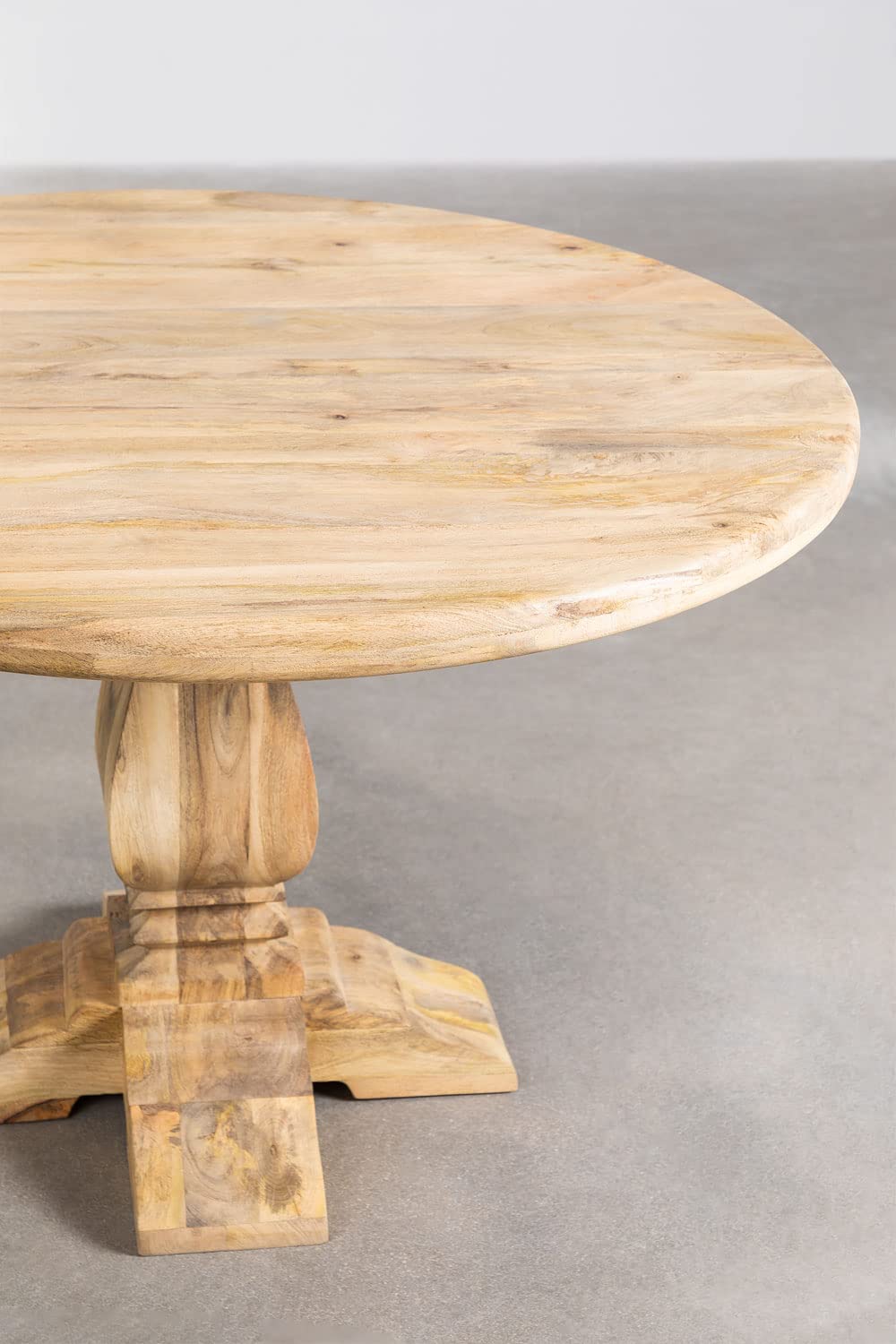 Round Solid Mango Wood Dining Table with French Pedestal Legs, Compact Design, Natural Finish (118 x 118 cm)
