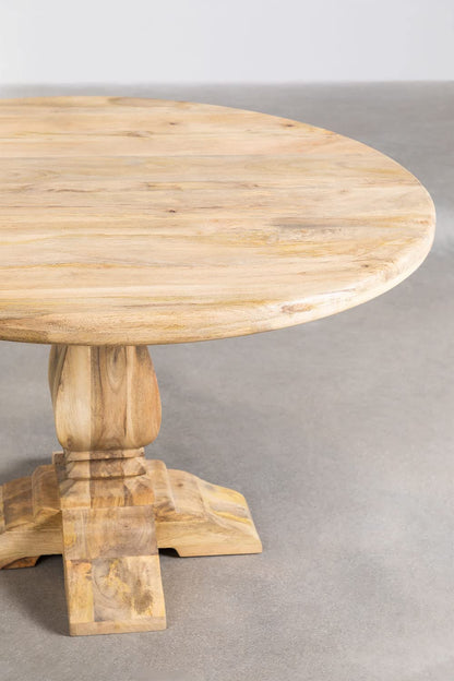 Round Solid Mango Wood Dining Table with French Pedestal Legs, Compact Design, Natural Finish (118 x 118 cm)