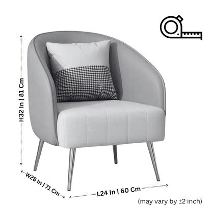 Gray armchair with cushions and dimensions displayed on a white background