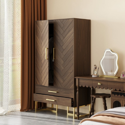 Premium Mango Wood Wardrobe in Honey Finish with Golden Handles