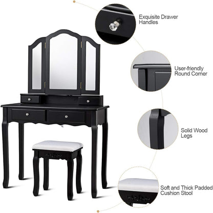 Black vanity table with mirror, stool, and close-up details on a white background