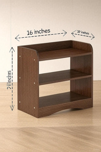 Wooden shelf with dimensions labeled on a plain background