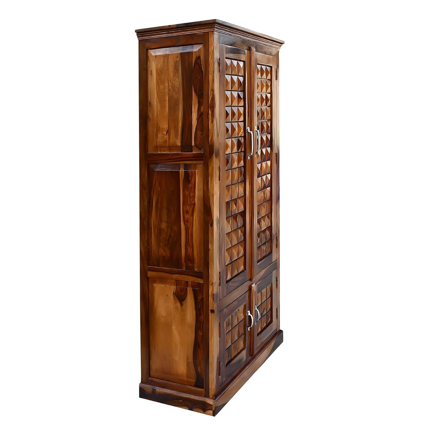 Solid Sheesham Wood 4-Door Wardrobe with Diamond Cut Design – Almirah with 4 Shelves & 2 Drawers (Natural Honey Oak)