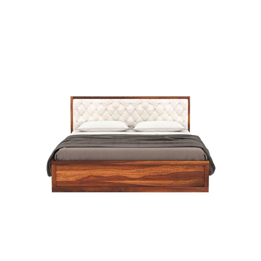 King Size Sheesham Wood Bed with Box Storage – Wooden Double Bed with White Upholstered Cushioned Headboard for Bedroom (Teak Finish), Supports Mattress up to 8 Inches