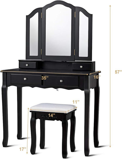 Black vanity table with mirror and stool, featuring measurements on a white background