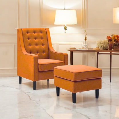 Orange armchair and ottoman in a stylish room with a lamp and table.