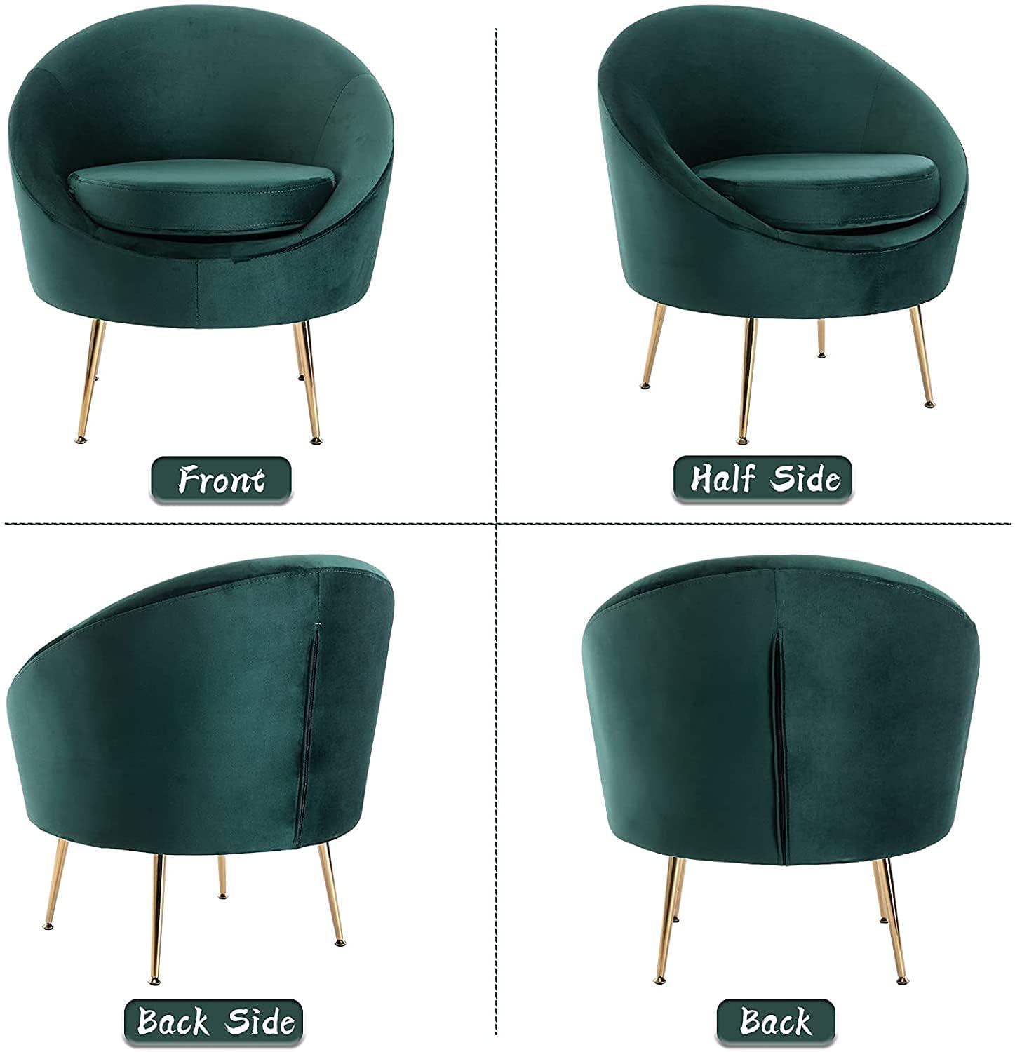 Green armchair shown from multiple angles on a white background