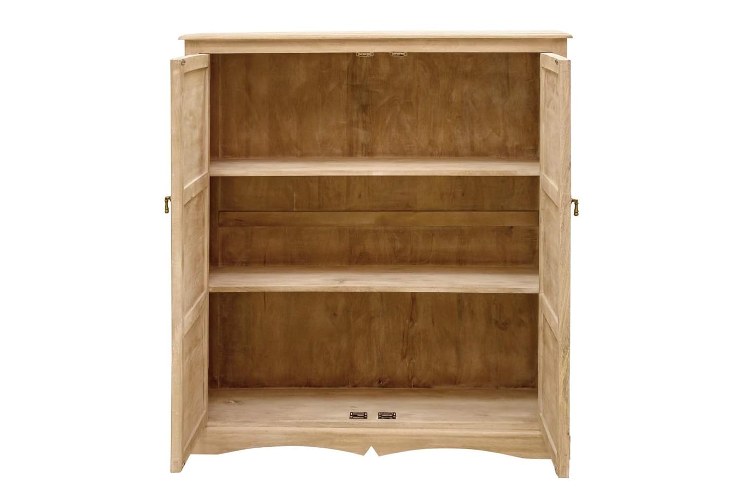 Wooden bookshelf with open doors on a white background