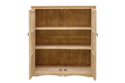 Wooden bookshelf with open doors on a white background