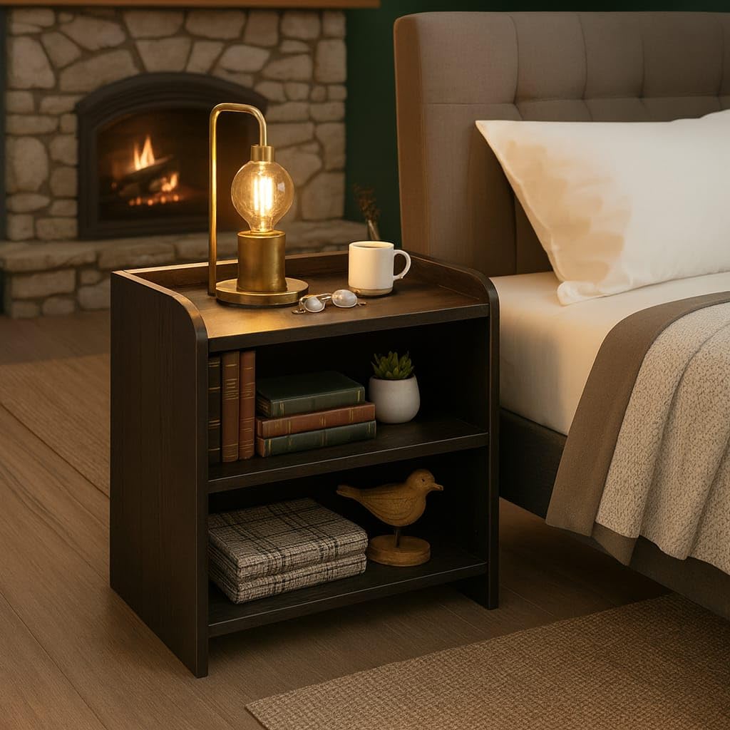 Nightstand with lamp, mug, books, and small plant next to a bed with pillows and blanket in a cozy bedroom.