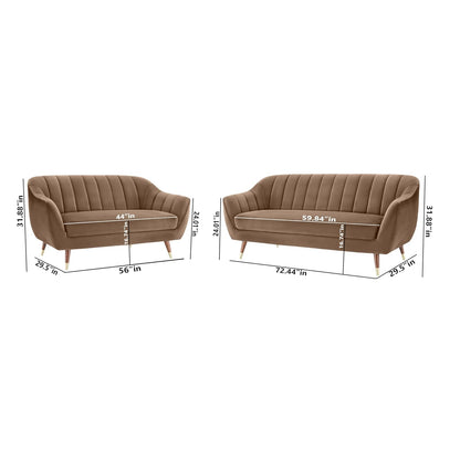 Brown sofa with dimensions displayed on a white background
